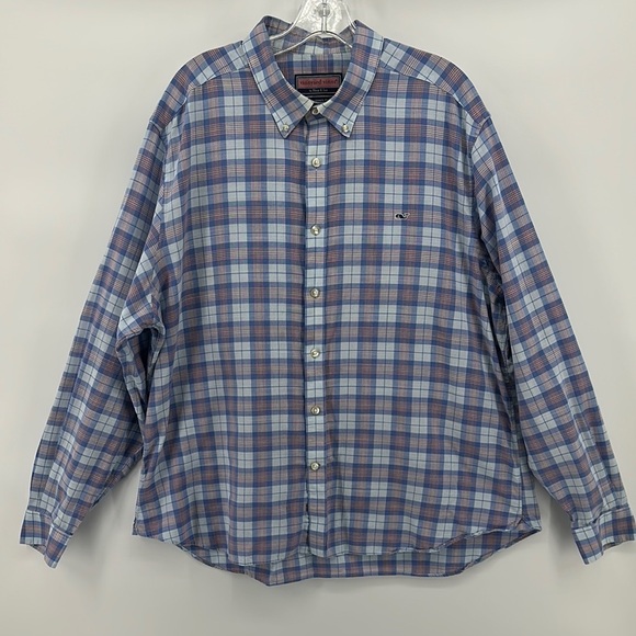 Vineyard Vines Casual Blue & Brown Plaid L/S Button Down Mens Shirt Sz XL - Picture 1 of 9